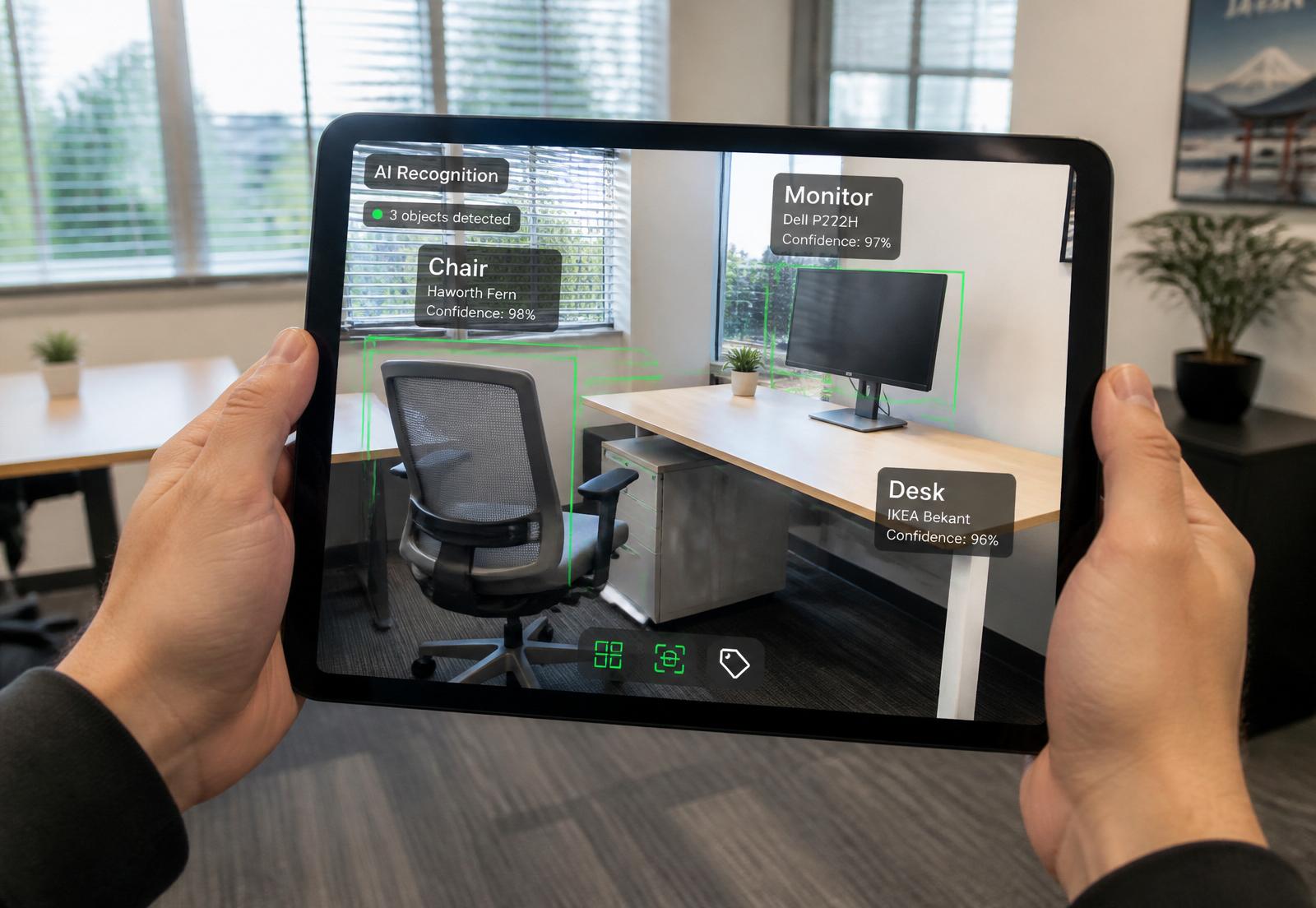 KI-AssetScanner: Tablet erkennt Bürostuhl, Schreibtisch und Monitor per KI-Bilderkennung