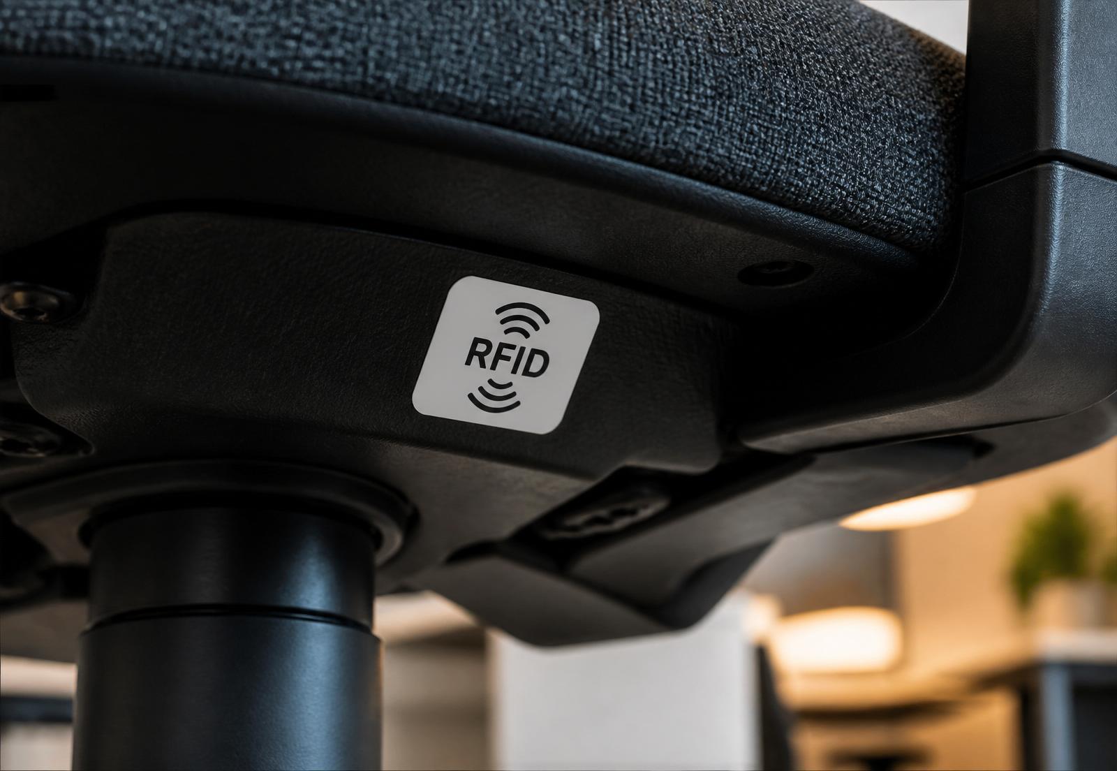 RFID-Tag deutlich sichtbar an der Unterseite eines Bürostuhls
